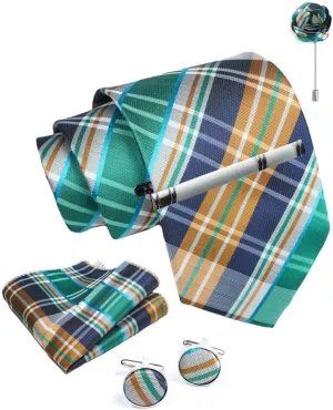 Green Checkered Ties For Men  Tie Set With Pocket Square Cufflinks Tie Clip Bar & Flower Brooch Pin For Mens (Pack of 5) (AXTS72)