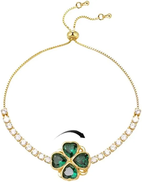 Green Crystal Clover Flower Chain Link Bracelet for Women 14K Gold Plated Stainelss Steel Fashion Cute Delicate Rotatable Heart CZ Lucky Flower Bracelets Adjustable Sweet Dainty Fine Jewelry Gifts