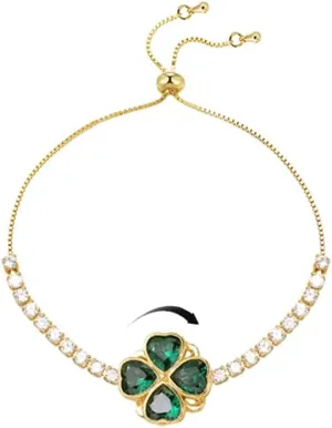 Green Crystal Clover Flower Chain Link Bracelet for Women 14K Gold Plated Stainelss Steel Fashion Cute Delicate Rotatable Heart CZ Lucky Flower Bracelets Adjustable Sweet Dainty Fine Jewelry Gifts