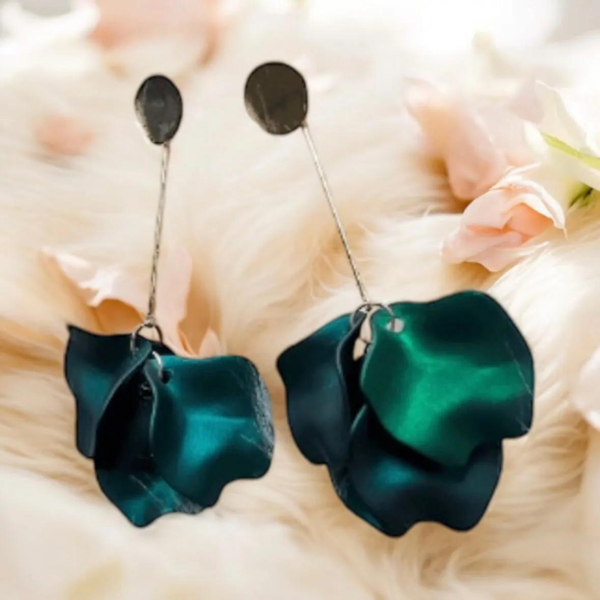 Green - Emerald green flower earrings |dangly earrings | iridescent petals hoop statement | golden disc geometric floral earrings | bridal party
