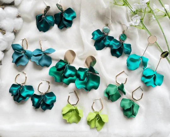 Green - Emerald green flower earrings |dangly earrings | iridescent petals hoop statement | golden disc geometric floral earrings | bridal party