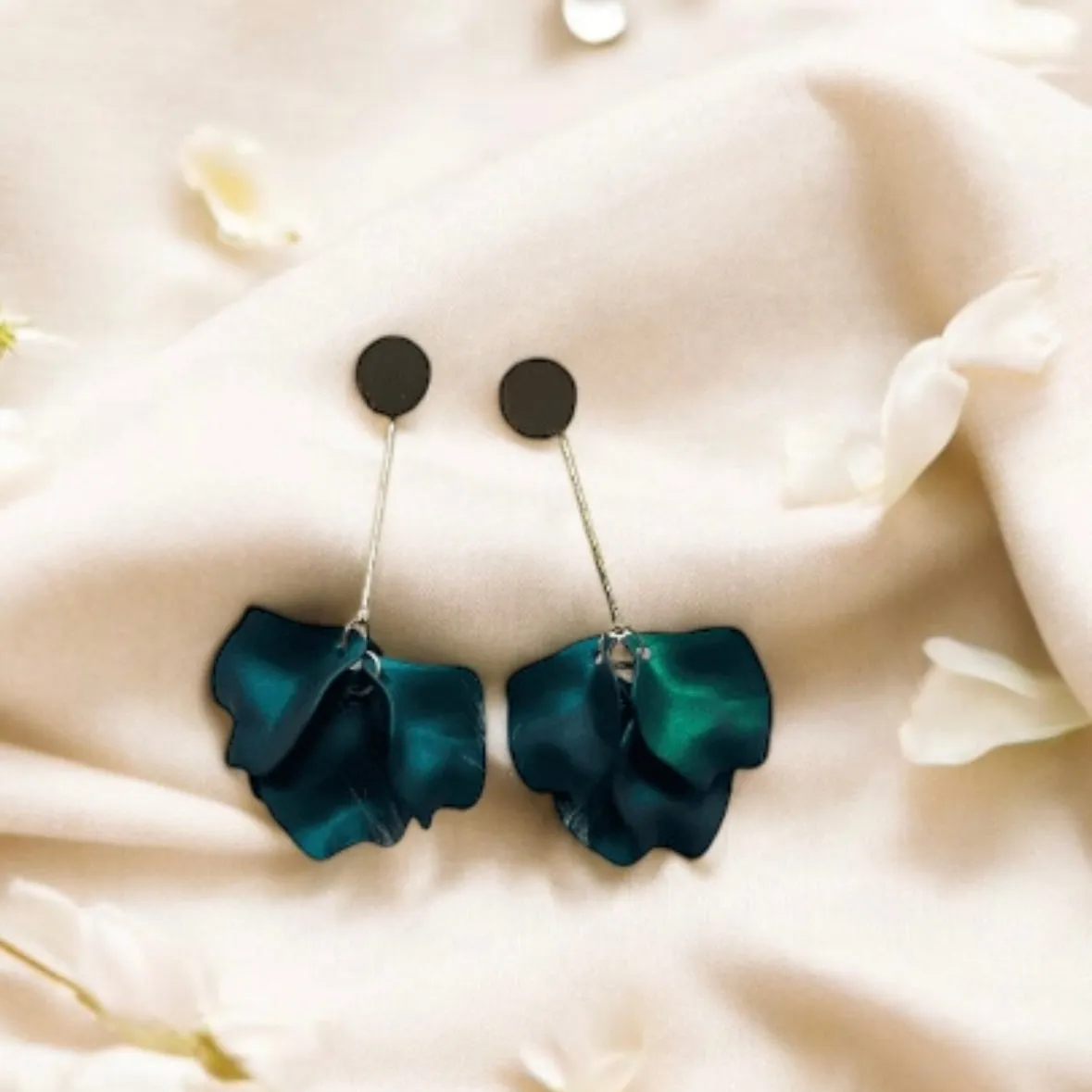 Green - Emerald green flower earrings |dangly earrings | iridescent petals hoop statement | golden disc geometric floral earrings | bridal party
