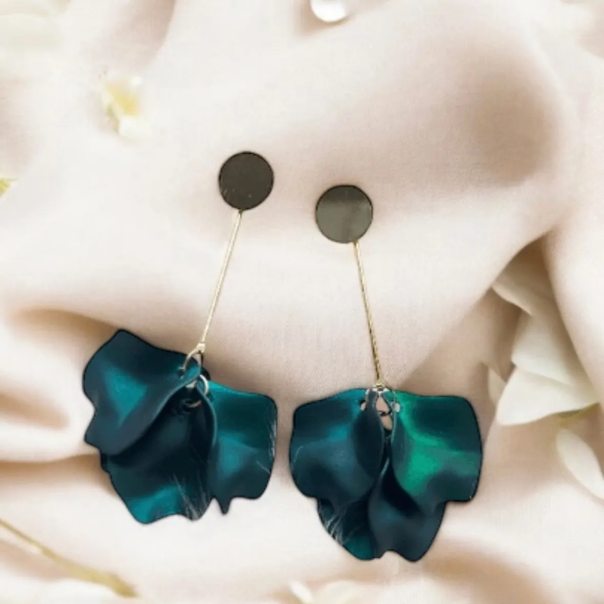 Green - Emerald green flower earrings |dangly earrings | iridescent petals hoop statement | golden disc geometric floral earrings | bridal party