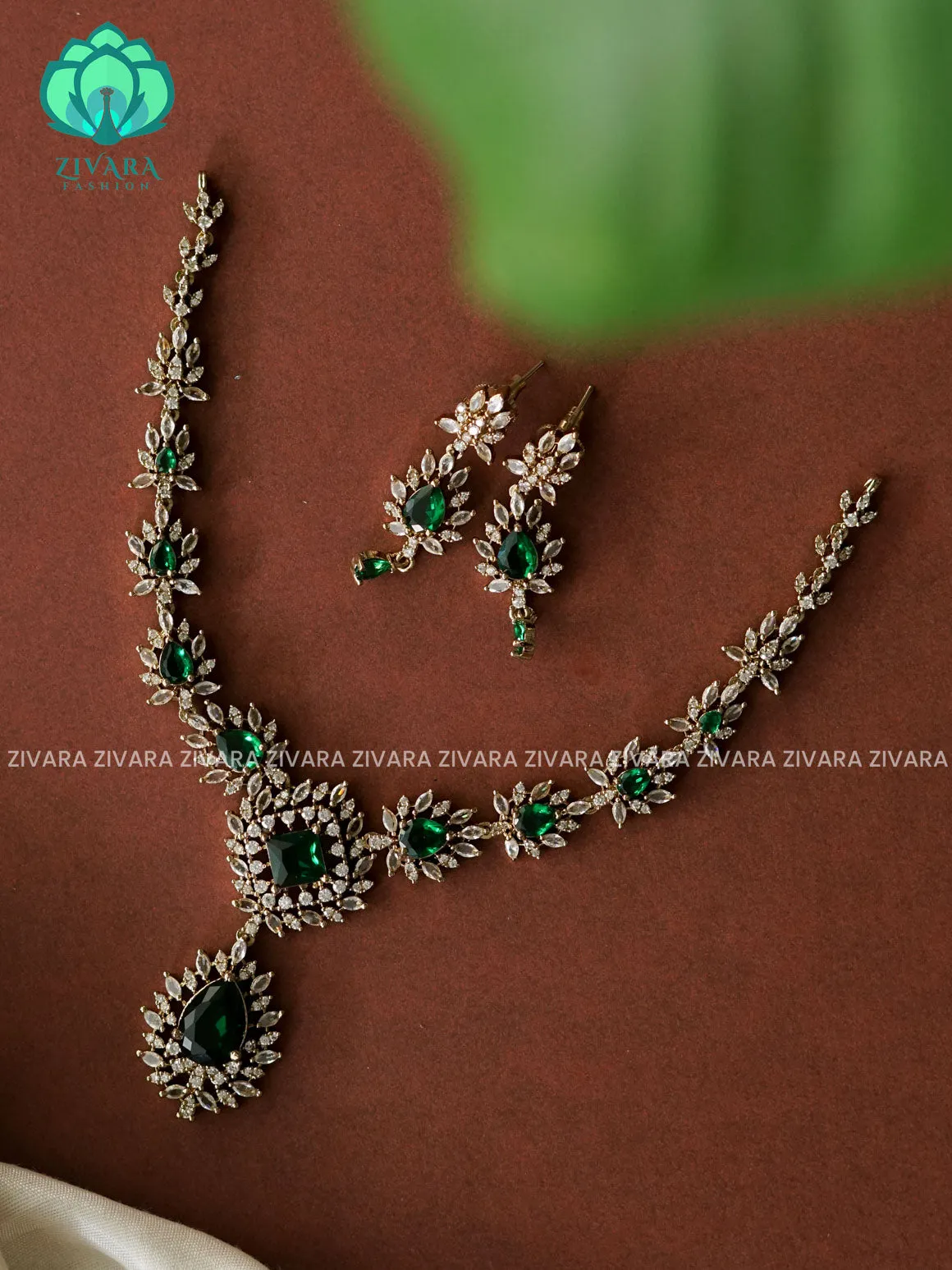 GREEN- TEAR PENDANT- SUBTLE GOLD POLISH stylish and minimal elegant neckwear with earrings- Zivara Fashion