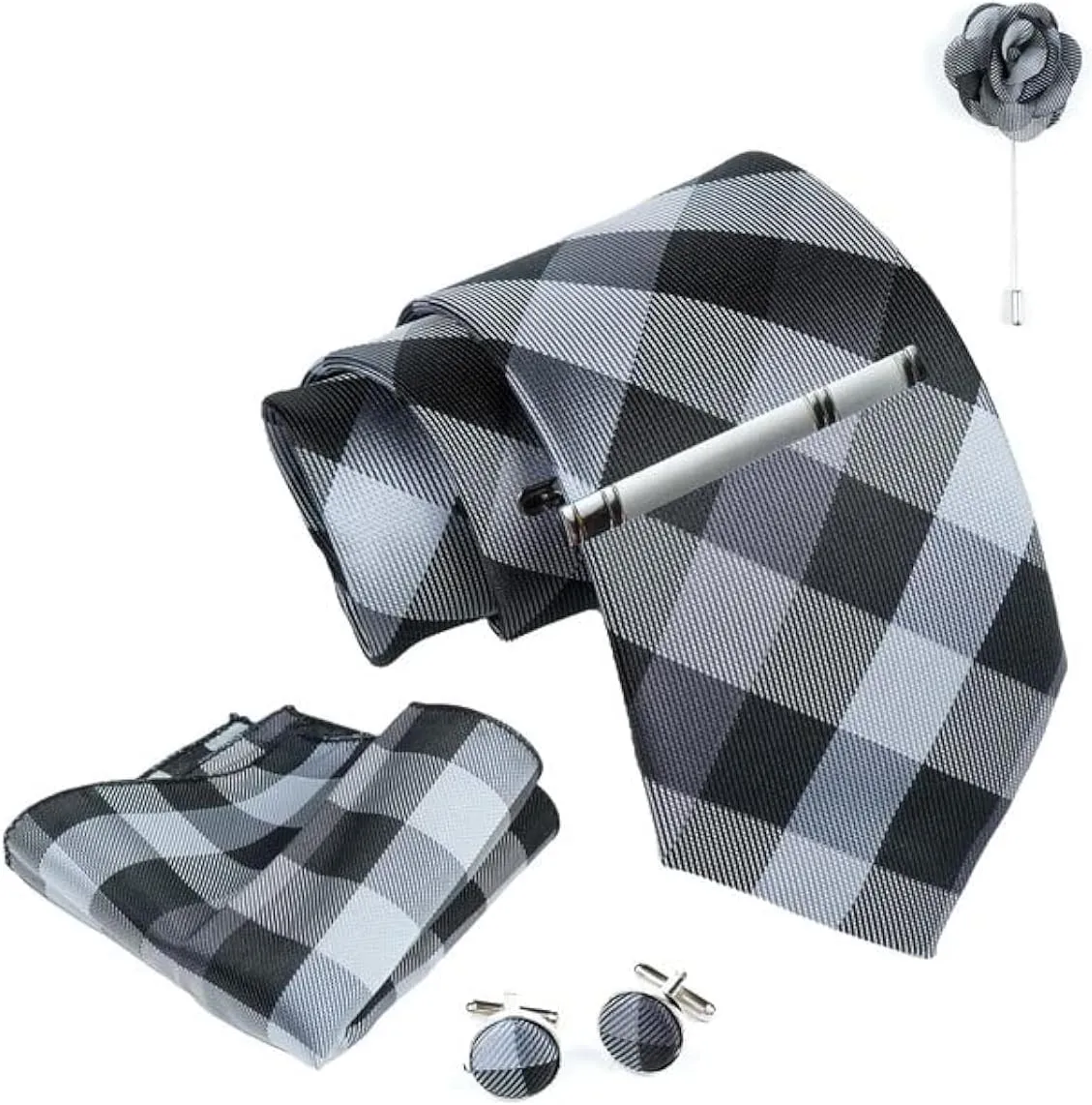Grey Checkered Ties For Men  Tie Set With Pocket Square Cufflinks Tie Clip Bar & Flower Brooch Pin For Mens (Pack of 5) (AXTS43)