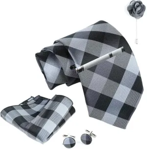 Grey Checkered Ties For Men  Tie Set With Pocket Square Cufflinks Tie Clip Bar & Flower Brooch Pin For Mens (Pack of 5) (AXTS43)