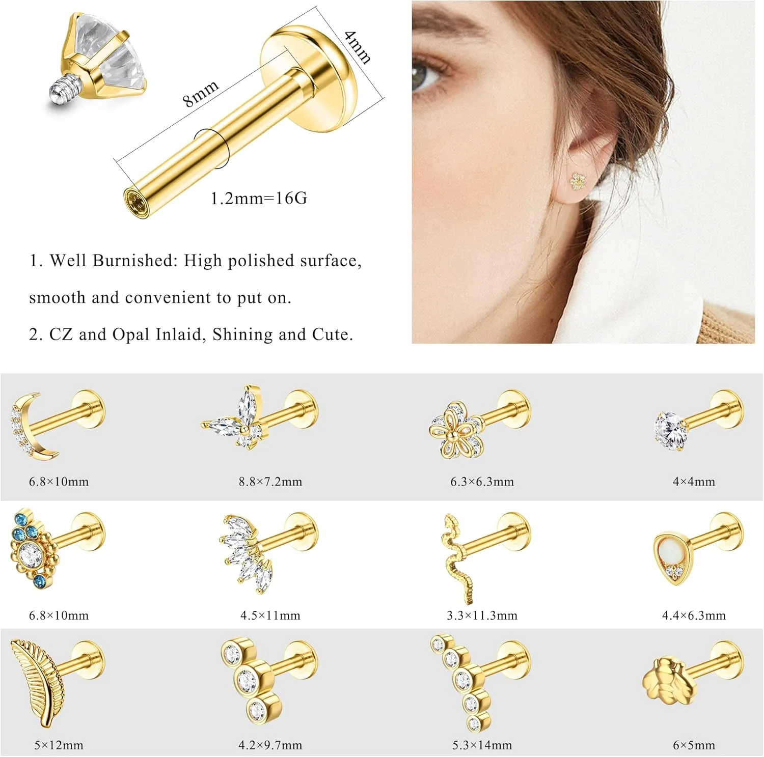 HAIAISO 12PCS Cartilage Earring Stud Piercing for Women 316L Stainless Steel Lip Rings Internally Threaded 16G Helix Labret Tragus Studs Conch Earrings Monroe Medusa Piercing Jewelry Set