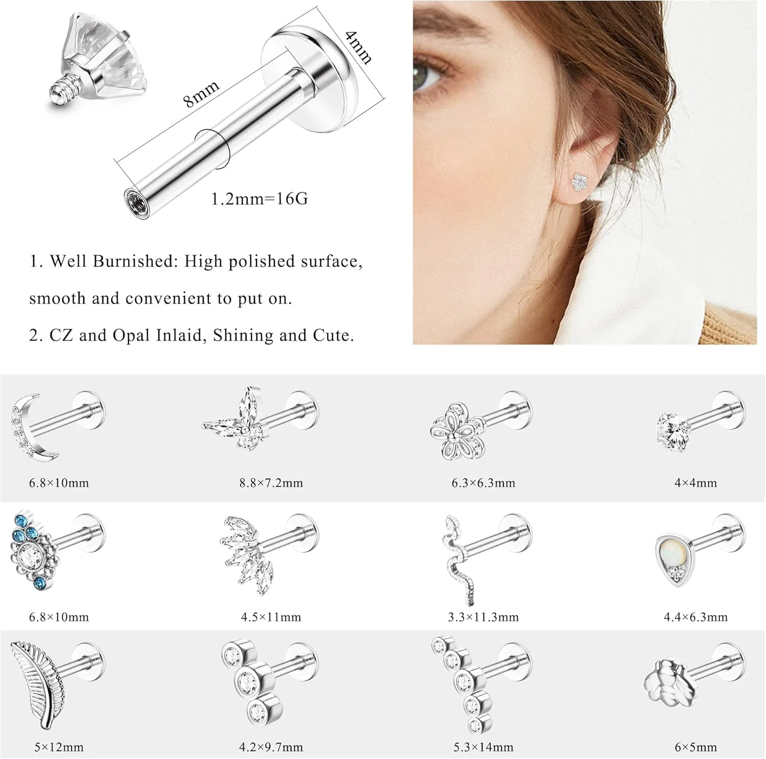 HAIAISO 12PCS Cartilage Earring Stud Piercing for Women 316L Stainless Steel Lip Rings Internally Threaded 16G Helix Labret Tragus Studs Conch Earrings Monroe Medusa Piercing Jewelry Set