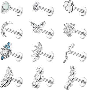 HAIAISO 12PCS Cartilage Earring Stud Piercing for Women 316L Stainless Steel Lip Rings Internally Threaded 16G Helix Labret Tragus Studs Conch Earrings Monroe Medusa Piercing Jewelry Set