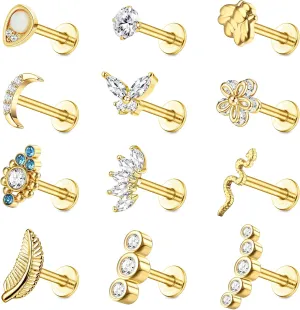 HAIAISO 12PCS Cartilage Earring Stud Piercing for Women 316L Stainless Steel Lip Rings Internally Threaded 16G Helix Labret Tragus Studs Conch Earrings Monroe Medusa Piercing Jewelry Set