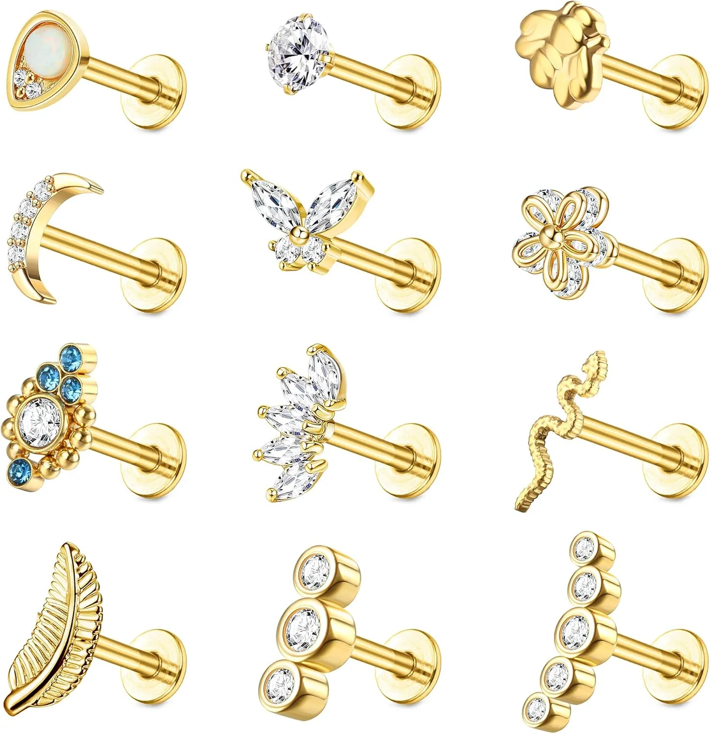 HAIAISO 12PCS Cartilage Earring Stud Piercing for Women 316L Stainless Steel Lip Rings Internally Threaded 16G Helix Labret Tragus Studs Conch Earrings Monroe Medusa Piercing Jewelry Set