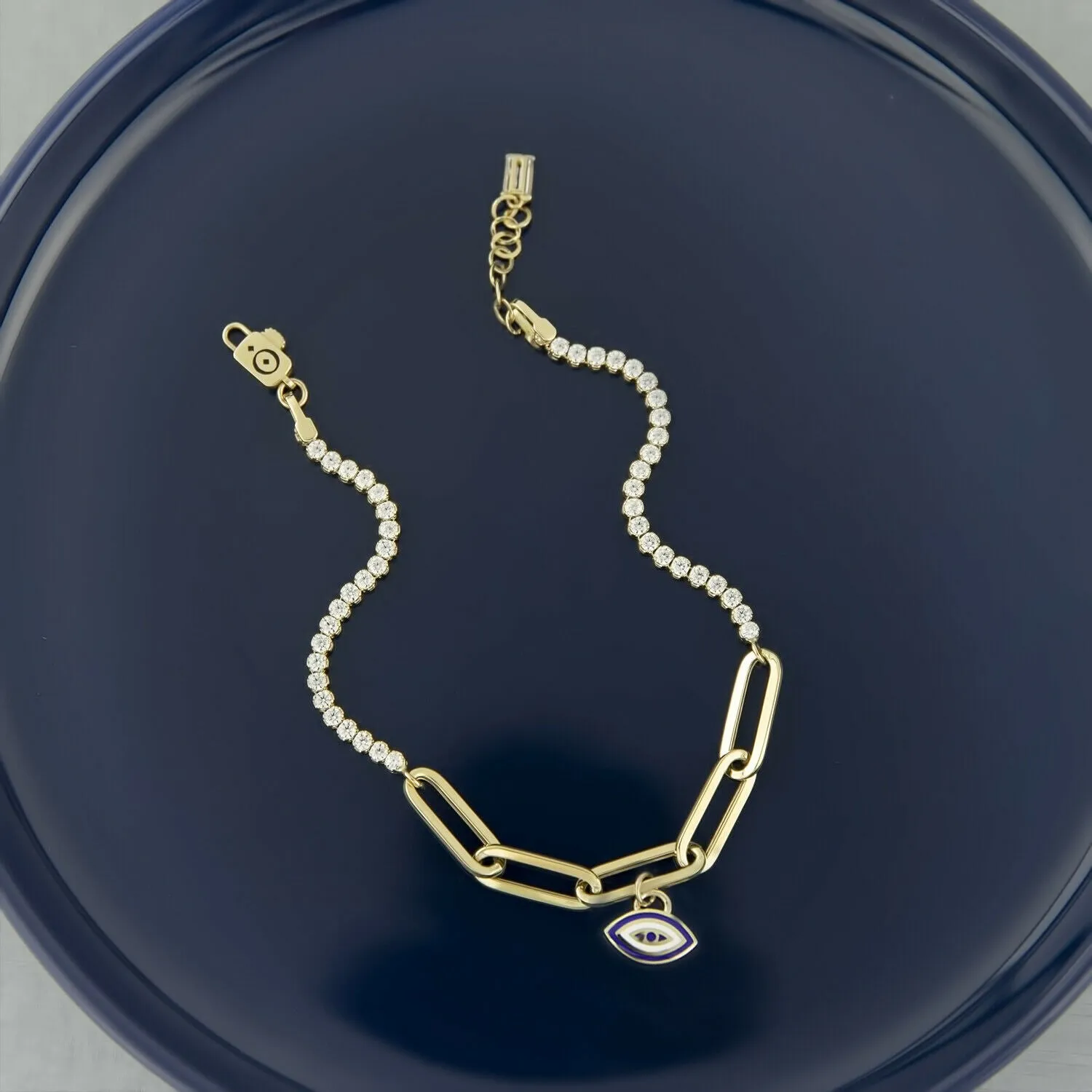 Hamsa Evil Eye Charm Paperclip Bracelet 14K Yellow Gold