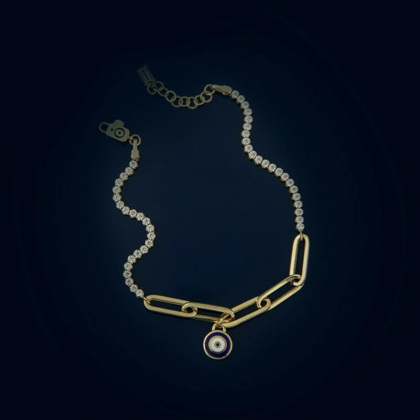 Hamsa Evil Eye Charm Paperclip Bracelet 14K Yellow Gold