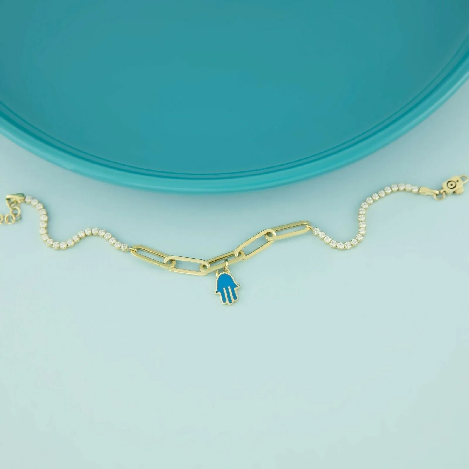 Hamsa Evil Eye Charm Paperclip Bracelet 14K Yellow Gold