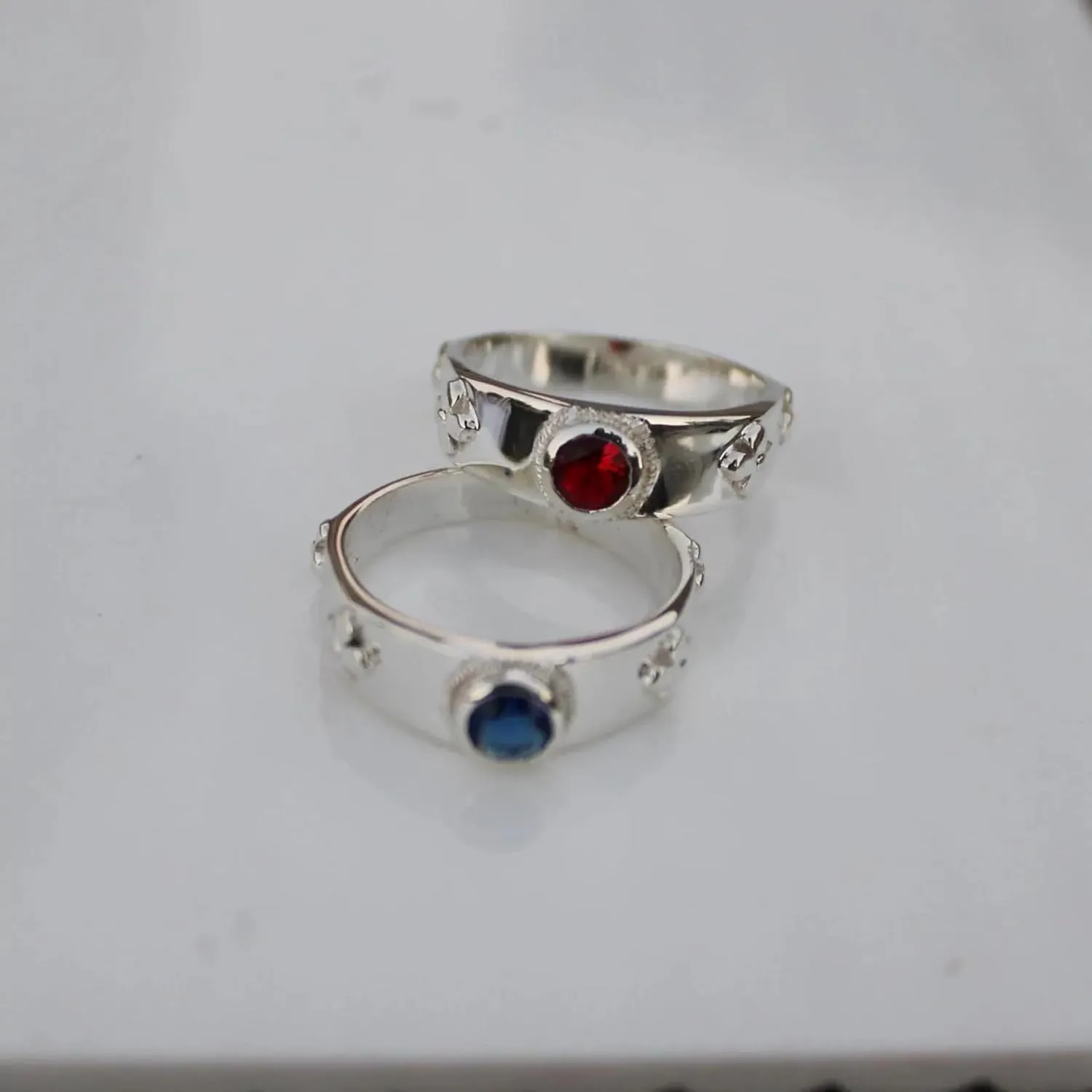 Handmade Couple Moving Castle Silver Rings Red and Blue Gem Accessories Gift for Women And Men