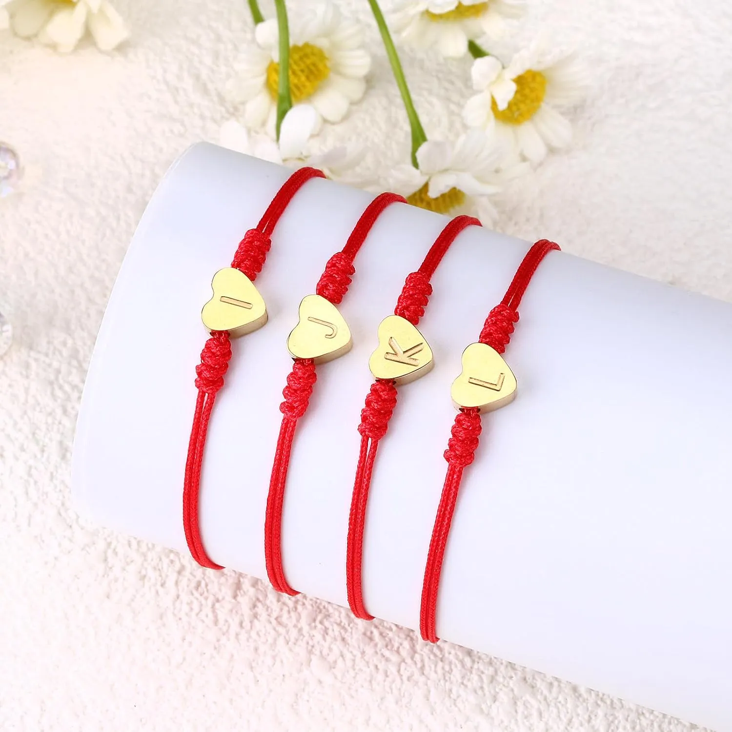 Handmade Dainty Gold Stainless Steel Heart Love Letter Initial Bracelet Friendship Bracelet for Girlfriend Wife Best Friend Red String Protection Bracelet for Sister Son Granddaughter Back to School Bracelets