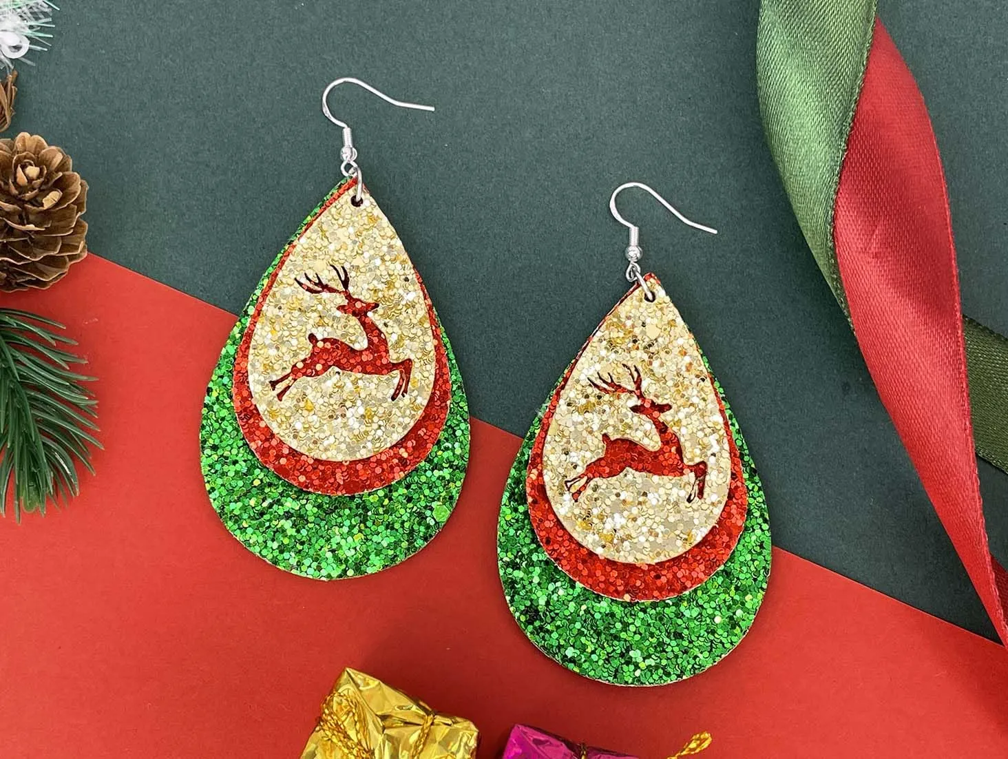 Handmade Reindeer Earrings for Women Girls Teens, Shiny Leather Deer Earrings Reindeer Accessories for Christmas Parties. Christmas Party Favors 2023, Suit for Christmas Costume Gifts