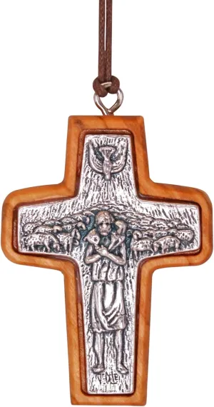 Handmade Shepherd's Embrace Pope Francis Olive Wood Framed Metal Cross Pendant