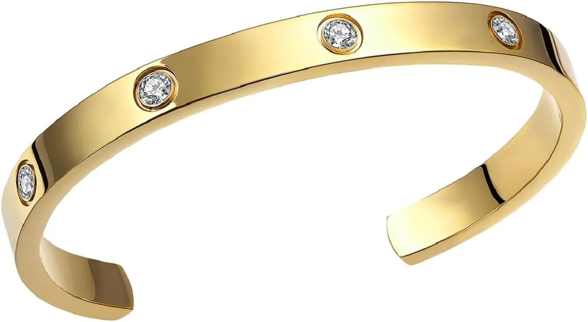 Harlorki Adjustable Shiny 14K Gold Plated Personalized Stainless Steel Cubic Zirconia Rhinestone Charm Open Bangle Cuff Bracelet for Men Women Fashion Jewelry