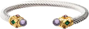 Harlorki Personalized Twisted Stainless Steel Silver Cable Wire Shiny Light Purple Rhinestone Charm Bracelet Wrist Bangle Cuff Fashion Jewelry for Men Women
