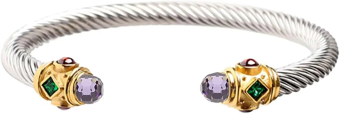 Harlorki Personalized Twisted Stainless Steel Silver Cable Wire Shiny Light Purple Rhinestone Charm Bracelet Wrist Bangle Cuff Fashion Jewelry for Men Women