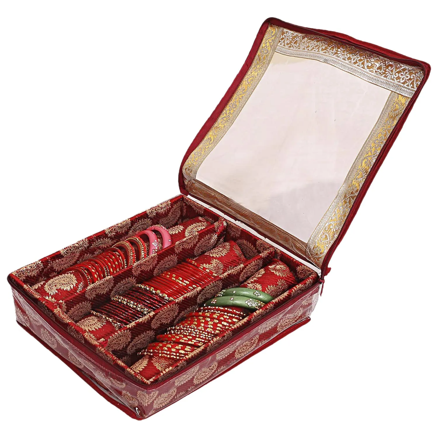 Heart Home Carry Design Laminated 3 Rod Box, Organizer For Bangle, Watches, Bracelets, Jewellery With Tranasparent Top (Red)-47HH0130
