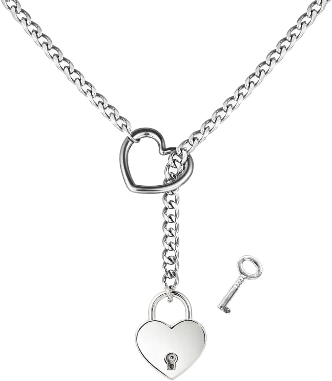 Heart O-Ring Slip Chain Necklace Punk Rock Stainless Steel Cuban Y-Necklace