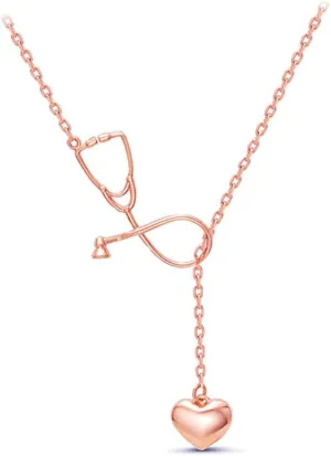 Heart Shaped and Stethoscope Lariat Y Necklace Adjustable Doctor Nurse Pendant Necklace Medical Student Gift