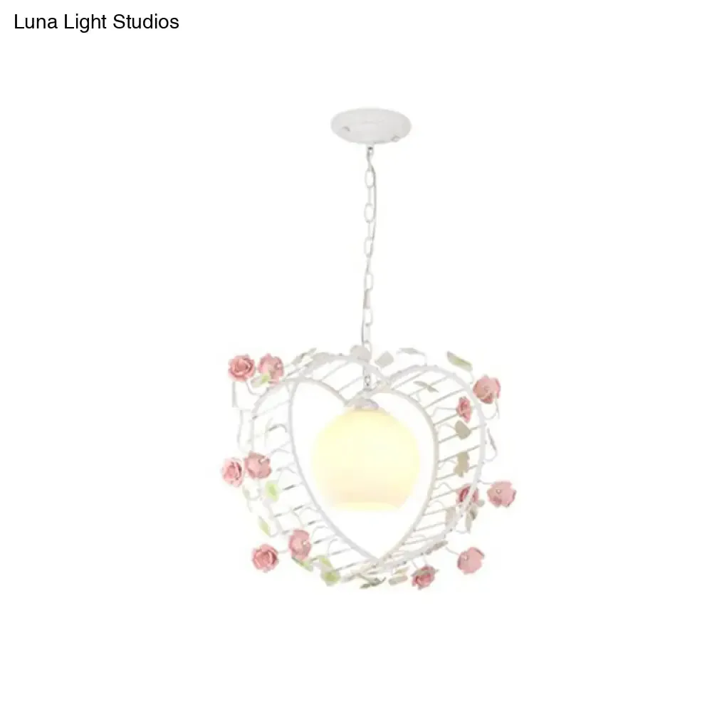 Heart-shaped Metal Pendant Light for Pastoral Dining Room - White LED Suspension Fixture