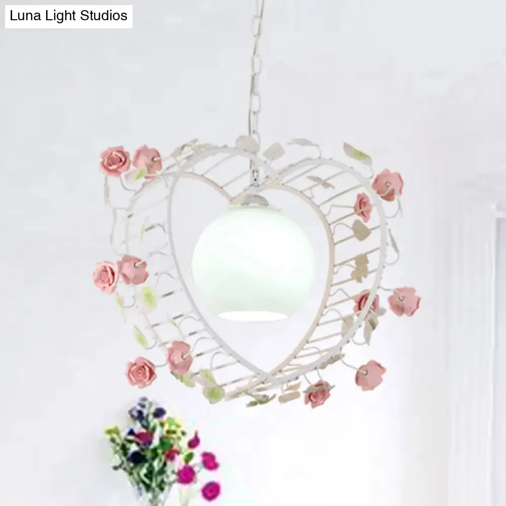 Heart-shaped Metal Pendant Light for Pastoral Dining Room - White LED Suspension Fixture