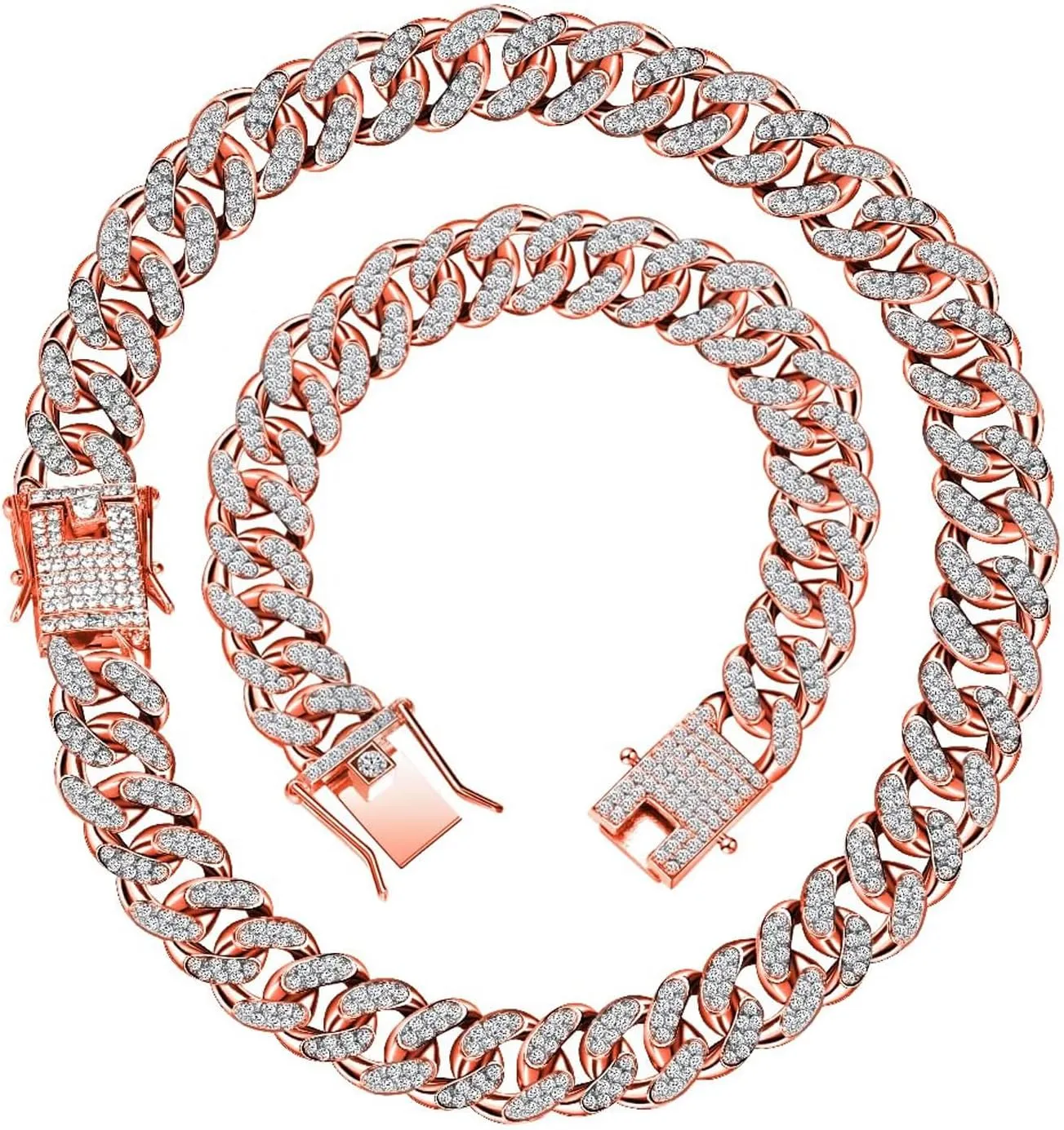 Hicarer 2 Pieces Cuban Link Chain for Women Cuban Necklace Bracelet Heavy Strong Link Chain Bling Unisex