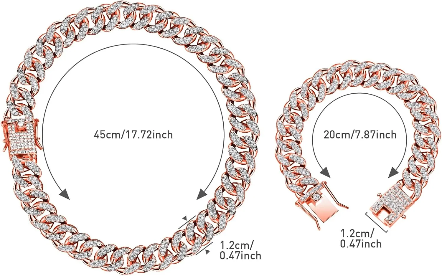 Hicarer 2 Pieces Cuban Link Chain for Women Cuban Necklace Bracelet Heavy Strong Link Chain Bling Unisex