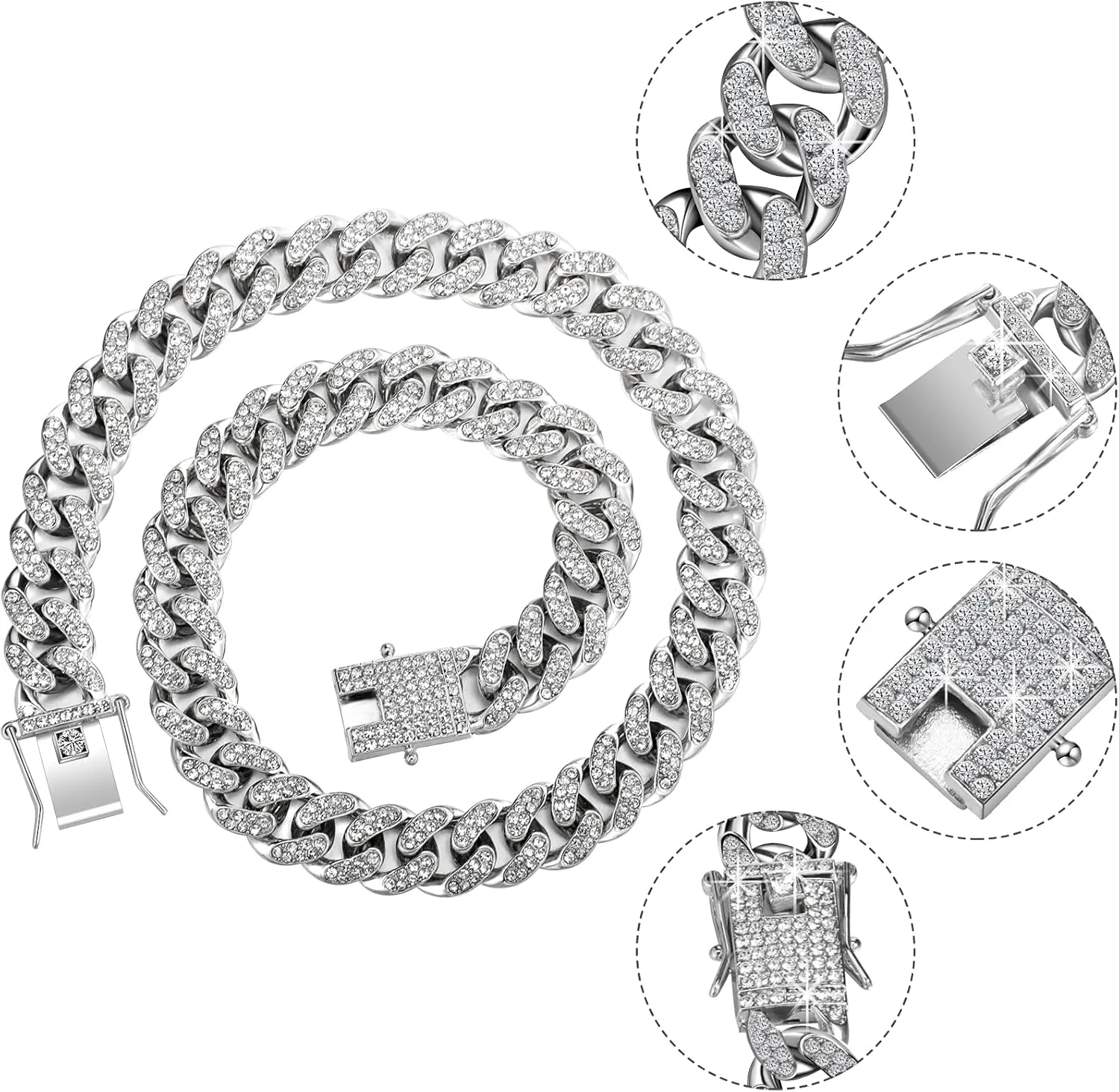Hicarer 2 Pieces Cuban Link Chain for Women Cuban Necklace Bracelet Heavy Strong Link Chain Bling Unisex
