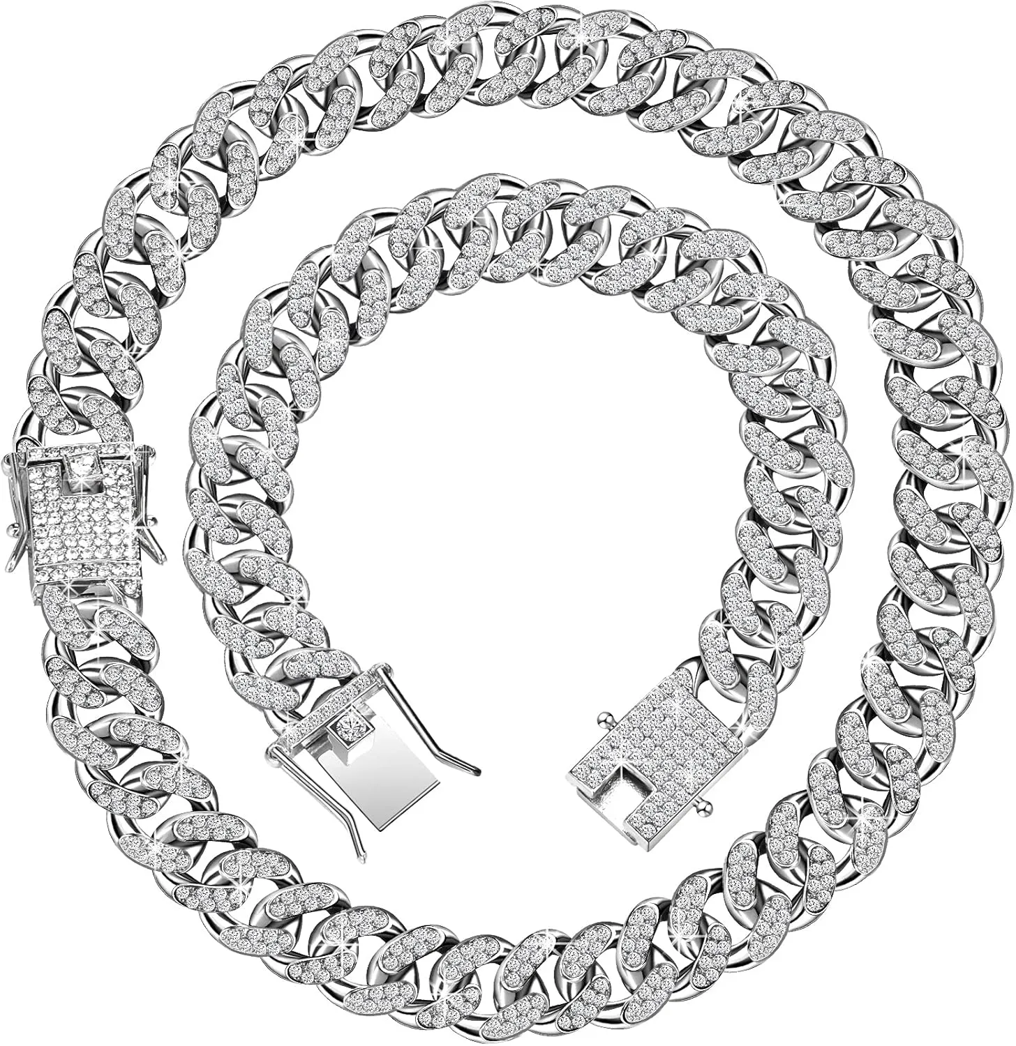 Hicarer 2 Pieces Cuban Link Chain for Women Cuban Necklace Bracelet Heavy Strong Link Chain Bling Unisex