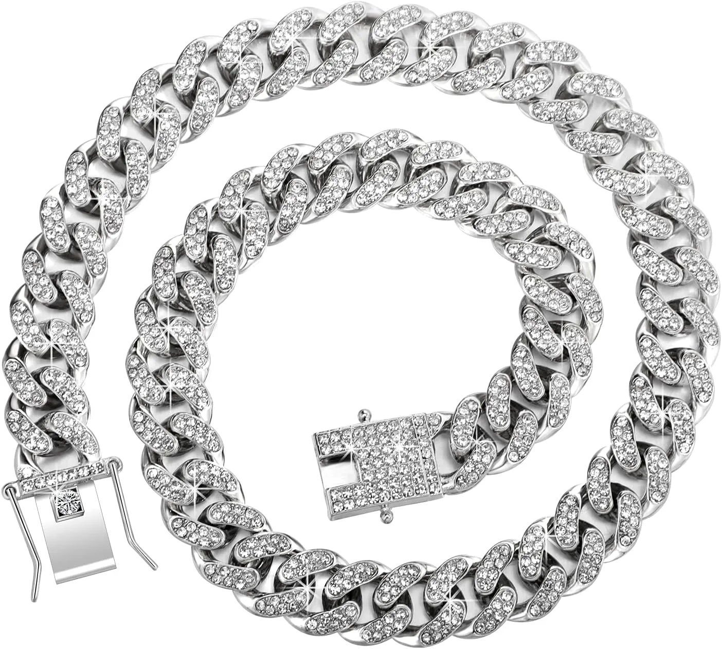 Hicarer 2 Pieces Cuban Link Chain for Women Cuban Necklace Bracelet Heavy Strong Link Chain Bling Unisex