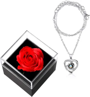 Hicarer Bridesmaid Gift for Women I Love You Necklace Rose Necklace 100 Languages Project Heart Pendant Gift for Mom Wife Girlfriend on Birthday Anniversary