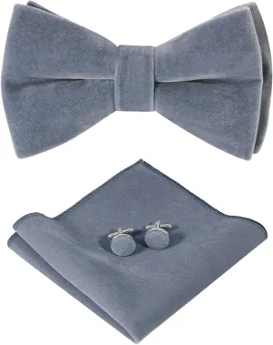 HOULIFE Men's Pre-tied Bowties Velvet Solid Color Adjustable Bow Tie and Pocket Square with Cufflinks for Wedding Party