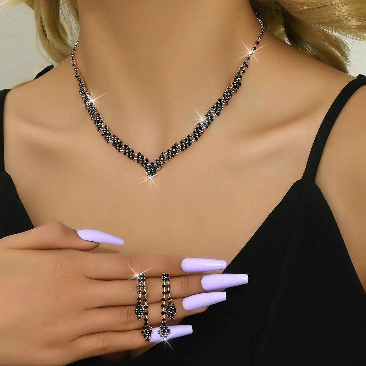HUJUON Shiny Rhinestone Long Tassel Dangle Earrings Necklace Set Cubic Zirconia Drop Earrings Clavicle Necklace Wedding Bride Jewelry for Women