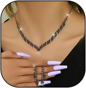 HUJUON Shiny Rhinestone Long Tassel Dangle Earrings Necklace Set Cubic Zirconia Drop Earrings Clavicle Necklace Wedding Bride Jewelry for Women