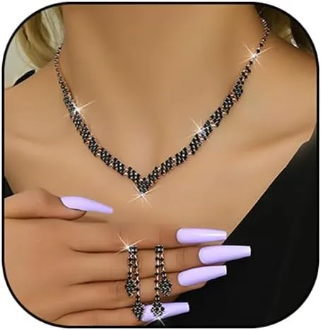 HUJUON Shiny Rhinestone Long Tassel Dangle Earrings Necklace Set Cubic Zirconia Drop Earrings Clavicle Necklace Wedding Bride Jewelry for Women