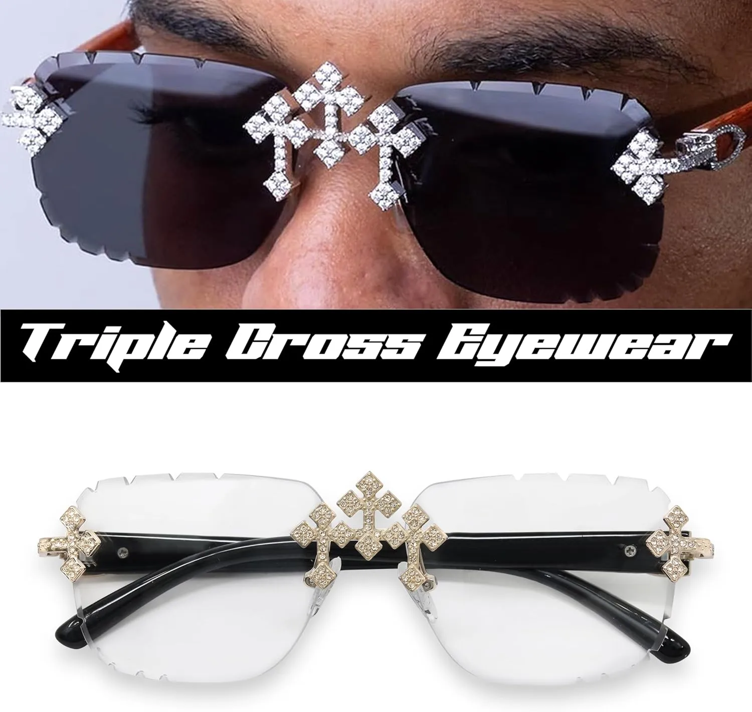 ICE STAR Mens Iced-Out Triple Cross Set  Frameless Sunglasses with Matching Necklace, Luxury Gift for Him