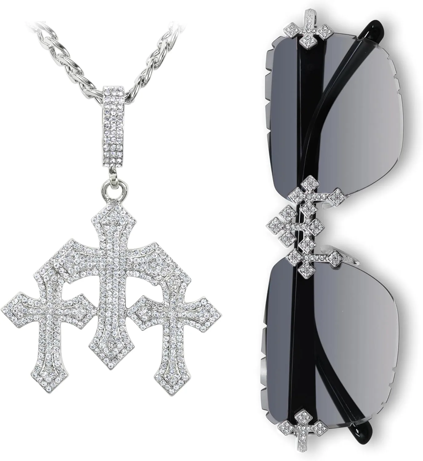 ICE STAR Mens Iced-Out Triple Cross Set  Frameless Sunglasses with Matching Necklace, Luxury Gift for Him