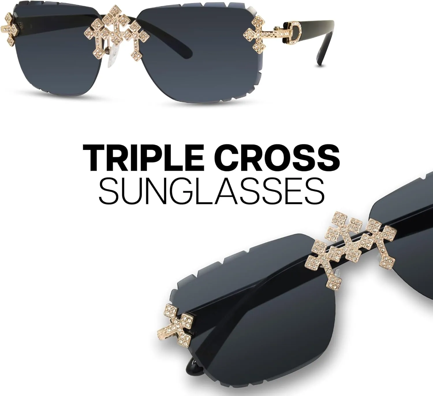 ICE STAR Mens Iced-Out Triple Cross Set  Frameless Sunglasses with Matching Necklace, Luxury Gift for Him