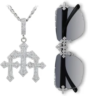 ICE STAR Mens Iced-Out Triple Cross Set  Frameless Sunglasses with Matching Necklace, Luxury Gift for Him