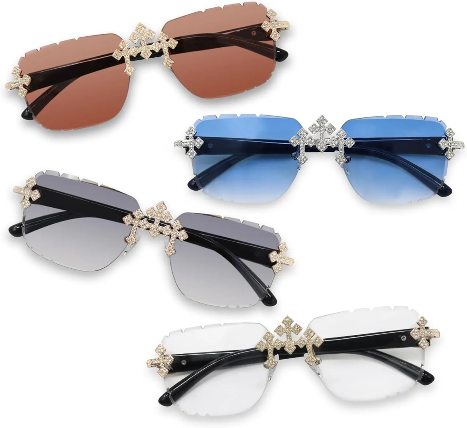 ICE STAR Mens Iced-Out Triple Cross Set  Frameless Sunglasses with Matching Necklace, Luxury Gift for Him