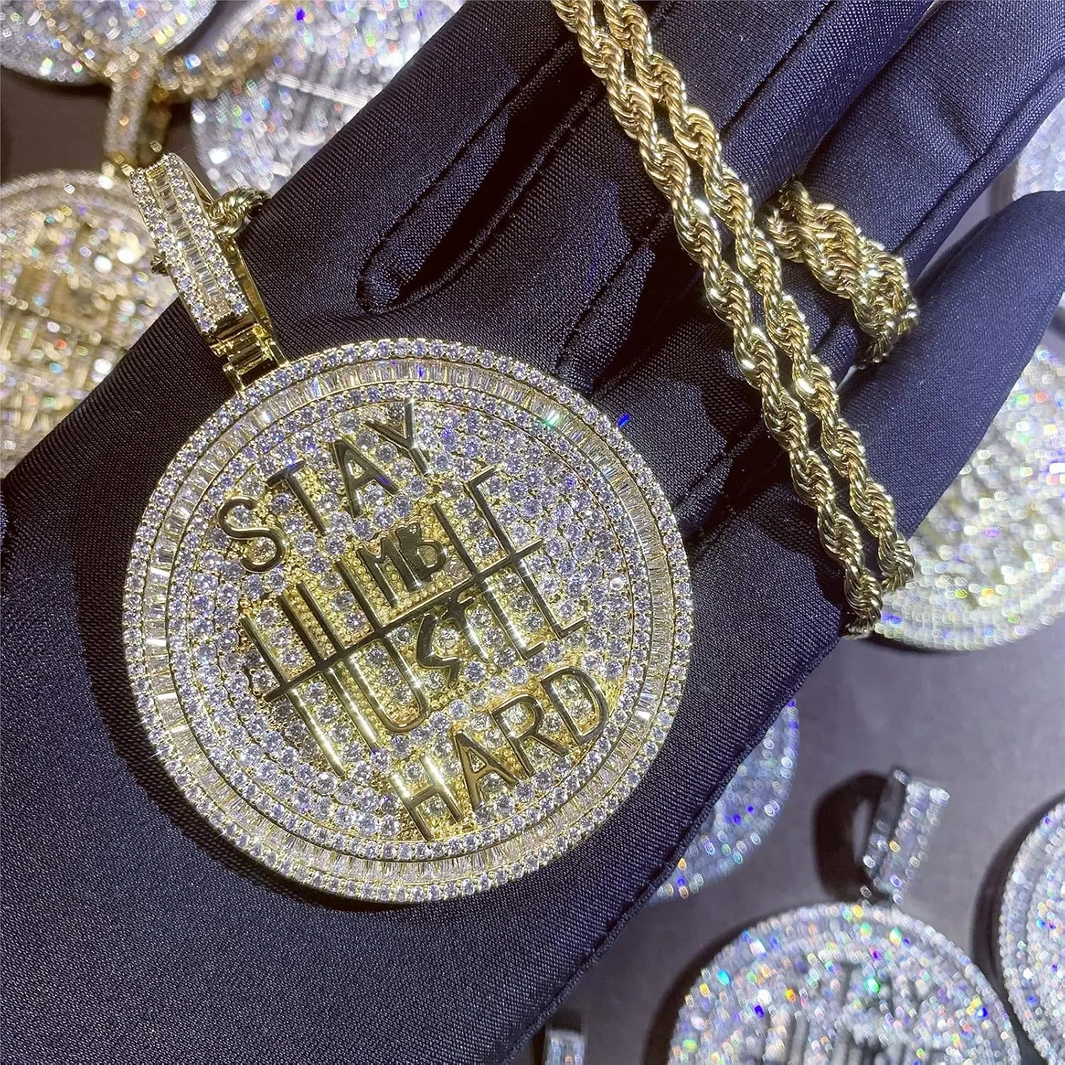 ICEDIAMOND 14K Iced Out Super Bling Round Coin Pendant Chain Necklace, Gold Plated Full Shiny CZ Diamond Encourage Charm Hip Hop Jewelry for Men Women
