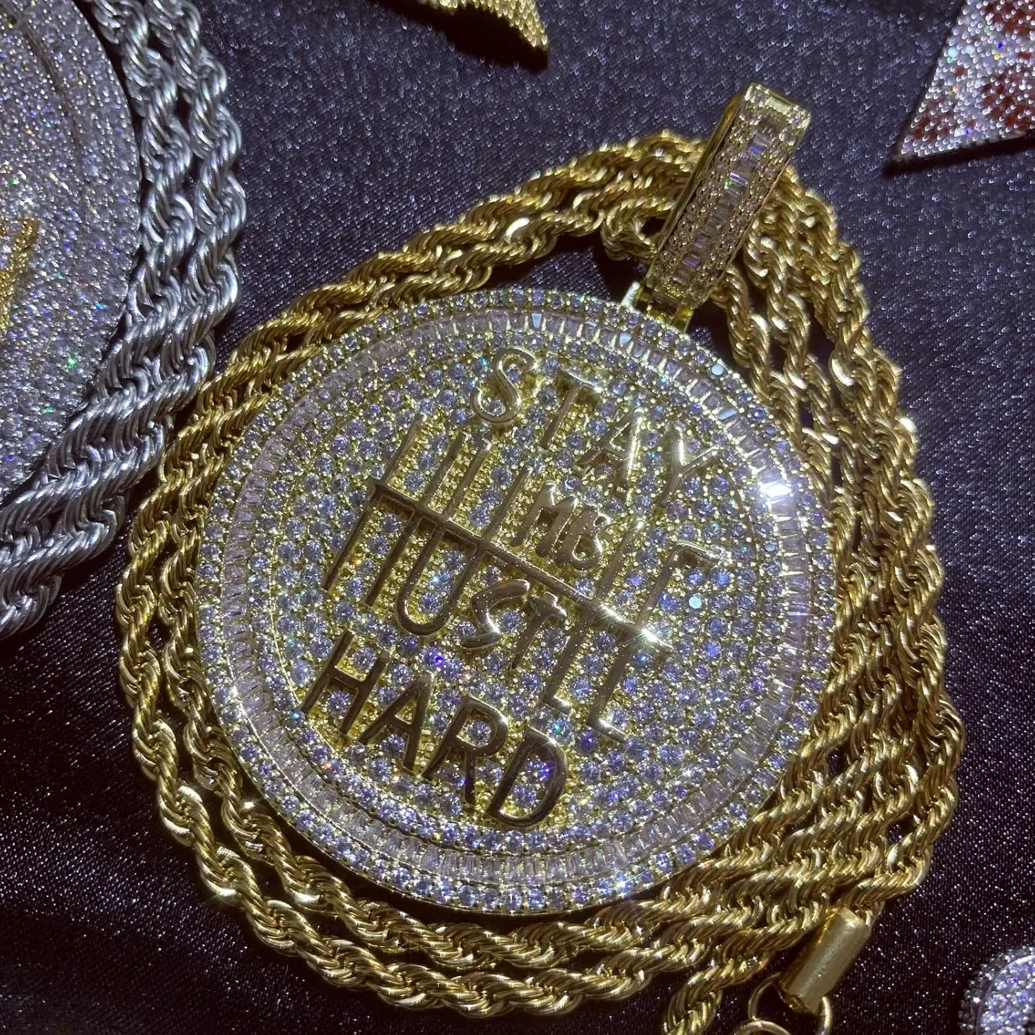 ICEDIAMOND 14K Iced Out Super Bling Round Coin Pendant Chain Necklace, Gold Plated Full Shiny CZ Diamond Encourage Charm Hip Hop Jewelry for Men Women