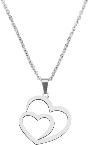 IDB Stainless Steel Non-fading Delicate Forever Love Heart Pendant Womens Necklace - Approx 17 3/4 inch Length with Lobster Clasp - The Perfect Double Heart Necklace For Any Occasion