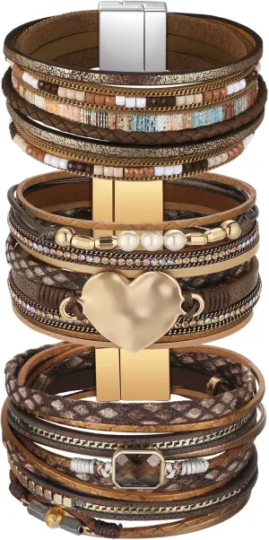 Inbagi 3 Pcs Bohemian Bracelet for Women Faux Leather Cuff Bracelet Heart Rhinestone Bead Multi Layer Western Jewelry Crystal Wristbands