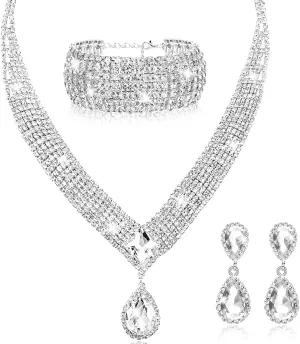 Inbagi 3 Pcs Women Crystal Jewelry Set Includes Bridal Wedding Rhinestone Choker Necklace Crystal Bracelets and Teardrop Long Tassels Dangle Earrings Accessories for Women (Silver, Shiny Style)